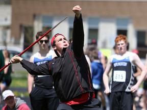 Sacred Heart's Jeremy Elliott, shown here at the 2018 BAA track and field championship in Kincardine, set a new record in junior mens discus throw at the CWOSSA championships in Cambridge on Wednesday. Greg Cowan/The Sun Times