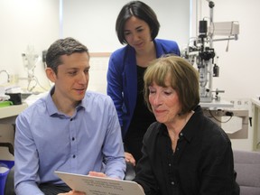 Steph Crosier/The Whig-Standard
Ophthalmologist Dr. Mark Bona and occupational therapist Julia Foster sit with glaucoma patient Catherine Whittaker at Hotel Dieu Hospital on Thursday. The hospital will be the main centre for the new South East Ontario Vision Rehabilitation Service.