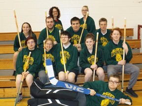 The SJSH Unified Floor Hockey Team include, rear row from left, coaches Jennifer Palangio and Georgie MacIntyre, third row from left Malory Dominico, Mitchell Heyd, Dameion Southwind, Riley Young, second row Diandra Duquette, Jamie Villeneuve, Mackenzie Desroches, Jaye Harrington, Tristan Coyne and goalie Jonathan Fader