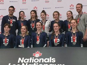 The North Bay Junior Volleyball Lakers 18U Blue Squad took the silver medal at the Volleyball Canada National Championships in Edmonton, Tuesday. Team members include, front row from left, Tianna Head, Megan Cundari, Aimee Hatton, Holly Dunne and Jane Chirico. Back row are Assistant Coach Tanner Hughes, Hannah Clark, Mina Linklater, Megan Foucault, Emma Howe, Jasmine Busschaert and Head Coach Mason Truswell. Submitted Photo