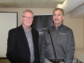 Tom Ormsby, head of external and corporate affairs for De Beers Canada, left, and Alistair Skinner, manager of operations at the Victor Mine, were the guest speakers at a luncheon hosted by the Timmins Chamber of Commerce at the Porcupine Dante Club on Thursday.