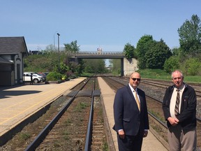 Oxford County CEO Peter Crockett, left, and Warden David Mayberry believe the environmental assessment for the high-speed rail system proposed for Toronto to Windsor needs to look at alternatives such as high-performance rail that would incorporate existing railways. HEATHER RIVERS/SENTINEL-REVIEW