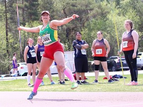 Meaghan McMahon of the Lockerby Vikings takes part in the javelin at the SDSSAA track and field championships at the Laurentian Community Track in Sudbury, Ont. on Thursday May 24, 2018. Gino Donato/Sudbury Star/Postmedia Network