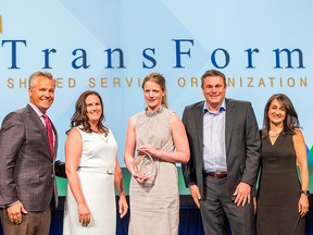 TransForm Shared Service Organization, based in Chatham, Ont., was named the Canadian Healthcare Provider of the Year, for the third consecutive year, during the 2018 GHX Healthcare Supply Chain Summit awards event held recently. Pictured from left are: Bruce Johnson, CEO, GHX, Renee McIntyre, director, supply chain, TransForm, Katelyn Dryden, manager, supply chain operations, TransForm, Derek Robertson, chief business development and supply chain officer, Transform, and Tina Murphy, CRO, GHX. (Handout/Postmedia Network)