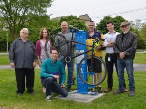 Submitted photo
Three bike stations have been installed along city trails to help cyclists should they need to repair their bicycle while travelling. Gathered for the unveiling of the stations were green task force members Kevin Bazkur, Jennifer McTavish, Adam Tilley, Paul Tilley, Councillor Egerton Boyce, Taylor Dall and Gary Magwood.