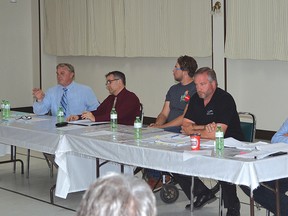 Photo by KEVIN McSHEFFREY/THE STANDARD
Five of the six Algoma-Manitoulin candidates in the Provincial Election were at The Standard’s Candidates’ Forum on Thursday evening at the Moose Lodge. They are: Jib Turner - Progressive Conservative; Tommy Lee - Northern Ontario Party; Justin Tilson - Green Party; Michael Mantha - NDP; and Charles Fox - Liberal.