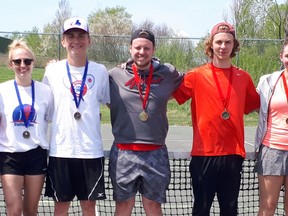 NDA tennis champions pose with their NOSSA medals after the regional championships in Blind River, Thursday. From left, Odyssee Phenix athletes Sarah Maure and Marina Sinicrope, Widdifield Wildcats Sarah Irwin, Kyle McDiarmid, Chris Bowman, Caleb Parfitt and Emma Shea with Scollard Hall Bears Adrian Catahan. Submitted Photo

Odyssee’s  captured their second straight NOSSA girls doubles gold medal for their third OFSAA appearance.

And St Joseph Scollard Hall Bears athlete, Adrian Catahan captured boys singles gold.