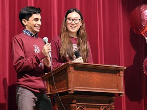 TIM MEEKS/THE INTELLIGENCER
Student emcees Saud Haseeb and Jenny Wu have a chuckle during Moira Secondary School's Closing Celebration Assembly Friday.