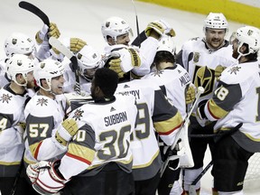 The Vegas Golden Knights gather to celebrate after a game.  The Knights are moving on to the Stanley Cup Finals on Monday night. Postmedia Network file photo