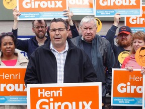 Nipissing NDP candidate Henri Giroux speaks Friday during a news conference.