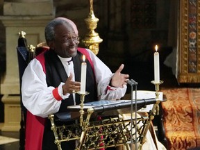 The Most Rev. Bishop Michael Curry, primate of the Episcopal Church, gives an address during the wedding of Prince Harry and Meghan Markle in St George’s Chapel at Windsor Castle on May 19.