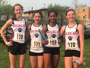 The Widdifield Wildcats junior girls 4x100m relay team won gold and each member earned a medal in other events. Left to right: Payton Sproule, Emily Mah, Janae Hardware and Alexandra Lannin. Submitted Photo