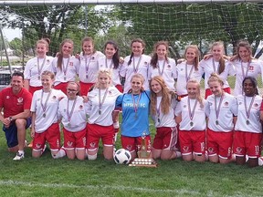 The Bayside Devils celebrate their Bay of Quinte junior girls soccer championship Friday at Zwicks Park where they outscored the opposition 9-1 overall in two games. (Submitted photo)