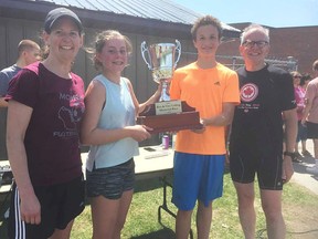 From left: Moira staff member Gayle Miller, female winner Kylie Crawford, male winner and overall first-place finisher Sammy Najem-Douglas and MSS alumni Eric Lindenberg of the Belleville Runners Club at the 59th running of the Ken and Cleo Colling Memorial Road Race. (Submitted photo)
