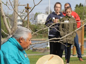 David Faries, an Elder who performed during the opening ceremonies of the Walk for Alzheimer’s at Gillies Lake Saturday said he was honoured to singing at the opening of this event as his late mother had been afflicted by dementia.