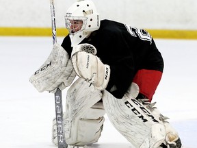 Goalie Adam Harris plays for Team Black at the Chatham Maroons' spring camp at Thames Campus Arena in Chatham, Ont., on Sunday, May 6, 2018. (MARK MALONE/Chatham Daily News/Postmedia Network)