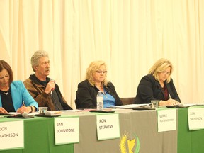 In front of crowd of about 200 people in Holmesville, candidates running for the provincial MPP Huron-Bruce riding stated their political case for the public in a debate May 22. From left to right, Liberal representative Don Matheson, Jan Johnstone for the NDP, Ron Stephens the Libertarian Party, Gerri Huenemoerder for the Ontario Alliance and lastly Lisa Thompson the Progressive Conservatives. (Shaun Gregory/Huron Expositor)