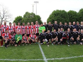 The Exeter Masters kicked off their season against rival Woodstock May 18. The two teams played a hard fought match that ended in a 2-2 draw. Pictured are members of the Exeter Masters team on the left and Woodstock on the right hand side. (Terry Heffernan/Special to the Exeter Lakeshore Times-Advance)
