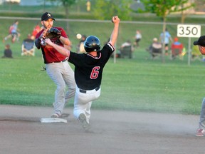 Mitchell Senior Astros’ second baseman Jamie Vivian (right) flips the ball to shortstop Dave Haggitt for the force out against this sliding Hanover opponent during opening Midwestern Ontario Senior Baseball regular season action last Friday, May 25 at Cooper Standard diamond. The Astros were in control for most of the night, recording a 14-6 victory. ANDY BADER/MITCHELL ADVOCATE