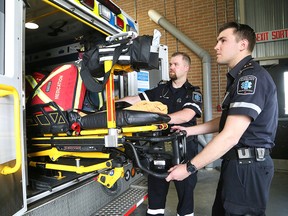 Nathan Ryan, left, and Blaise Quenneville are paramedics with Greater Sudbury Paramedic Services. A special ceremony was held at the Lionel E. Lalonde Centre in Azilda, Ont. on Monday May 28, 2018 to launch Paramedic Week in Greater Sudbury. John Lappa/Sudbury Star/Postmedia Network