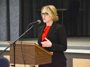 Brieanne MacLeod, a lawyer at Birdsell Grant LLP, presenting at the Your Final Wish Forum at the Whitecourt Seniors Circle on May 17. (Taryn Brandell | Whitecourt Star)