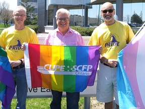 CUPE Ontario recently donated $1,500 to Kincardine Pride's June 23, 2018 celebrations and was recognized as a major sponsor of the event. L-R: Dave Trumble - VP Grey-Bruce Labour Council, Fred Hahn - President of CUPE Ontario, and Fort Papalia, President of Kincardine Pride Inc.
