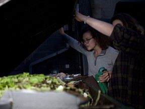 Emily Kirbyson, left, and Rebecca Rogerson look through a garbage bin behind a grocery story for produce and other edibles near or just past their expiry date in an effort to create a cookbook on dumpster diving for their thesis work at the University of Victoria. Chad Hipolito/Postmedia