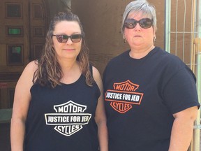 Judy Morris, left and Lori Leblanc were two of about 15 friends and family of Jerry (Jed) Klassen who showed up at a court house hearing Monday for Flavius Miron. Miron is charged with the second-degree murder of Klassen. (HEATHER RIVERS/SENTINEL-REVIEW)