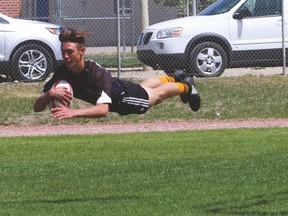 The County Central High Schools boys’ rugby team competed in the Life Med Sevens tournament Saturday. Here, Hawk Jan-Hendrik Lourens scored against a Calgary school. Jasmine O’Halloran Vulcan Advocate