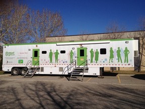 A mobile mammography clinic, operated by Alberta Health Services, appears in this undated photo provided by the Government of Alberta.