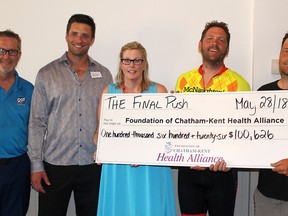 The Final Push, a 1,000-kilometre bicycle journey to Toronto and back to Chatham, Ont. by Dave Depencier, right, and Dan Van Moorsel, second from right, raised $100, 626 to help the $6.9 million Diagnostic Imaging Equipment Renewal Campaign reach $7,062,761. They are pictured here with Greg Hetherington, left, and Andy Fantuz, campaign co-chairs along with Depencier, and Mary Lou Crowley, executive director of the Foundation of Chatham-Kent Health Alliance on Monday May 28, 2018. Ellwood Shreve/Chatham Daily News/Postmedia Network