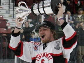 Listowel Cyclones defenceman and Tillsonburg local Max Coyle celebrates with the Sutherland Cup after Listowel swept Caledonia in the Greater Ontario Junior Hockey League finals. The former Woodstock Navy Vet was also a first team all-star this past season. Cory Smith/Postmedia Network