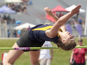 College Avenue's Amy Takacs jumps the 1.51-metre to win the midget girls' high jump in London, Ont. at TD Stadium at Western University on Thursday May 24, 2018 at WOSSAA track and field finals. The finals continue today with the top five athletes and teams in each event advancing to OFSAA West Regionals next week. Greg Colgan/Woodstock Sentinel-Review/Postmedia Network