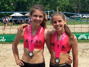 Kenzie Lahey and Teya Meredith of Chatham, Ont., won silver medals in the 12U Premier Division at an Ontario Volleyball Association beach volleyball tournament in Cambridge, Ont., on Saturday, May 26, 2018. (Contributed Photo)