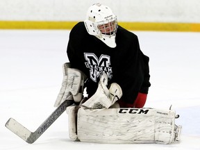 Goalie Adam Harris plays for Team Black at the Chatham Maroons' spring camp at Thames Campus Arena in Chatham, Ont., on Sunday, May 6, 2018. (MARK MALONE/Chatham Daily News/Postmedia Network)