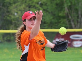 Pitcher Olivia Slywchuk, of Lasalle Lancers, pitches the ball during slopitch action at the girls high school A finals against the Lo-Ellen Knights at the Terry Fox Sports Complex in Sudbury, Ont. on Monday May 28, 2018. John Lappa/Sudbury Star/Postmedia Network