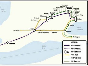 A map of the proposed high-speed rail plan. The second phase of the project would extend the high-speed rail from London to Windsor. Postmedia Network graphic