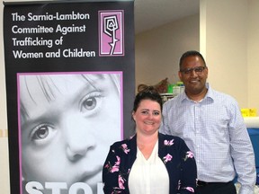 Chantel Butterfield from the Sarnia-Lambton Coalition Against Human Trafficking stands with Sarnia Evangelical Missionary Church pastor Deve Persad during the inaugural Shine: A Justice Conference forum on human trafficking.
Carl Hnatyshyn/Sarnia This Week