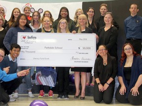 The Indigo Love of Reading Foundation Team presented Parkdale School staff and students with a $50,000 cheque from Indigo’s Love of Reading Foundation to purchase books for the school over the next three years.