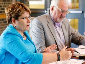 Luke Hendry/The Intelligencer
Quinte Health Care president and CEO Mary Clare Egberts gives her report to the board Tuesday at the North Hastings Health Centre in Bancroft. At right is QHC chairman Stuart Wright. The corporation's last fiscal year ended with a balanced budget March 31.