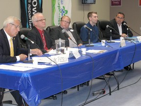 Nipissing candidates Vic Fedeli, Stephen Glass, Trevor Holliday, Kris Rivard and Henri Giroux participate in a debate Tuesday organized by the Ontario Public Service Employees Union.
CINDY MALES / FOR THE NUGGET
