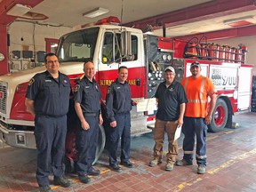 Submitted photo;
 Union Gas recently donated $1; 500 to Kirkland Lake Fire Services for specialized equipment. In the photo are; Justin Lamothe; firefighter; Danny Sasseville; acting platoon chief and Rob Adair; fire chief; Kirkland Lake Fire Services and John Davidson; utility services and construction manager and Eric Morissette; utility services representative Kirkland Lake; Union Gas.