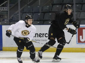The Kingston Frontenacs two Finnish imports Linus Nyman, left, and Eemeli Rasanen chase the puck during the third day of the Kingston Frontenacs training camp at the Rogers K-Rock Centre on Wednesday August 30 2017. Ian MacAlpine /The Whig-Standard/