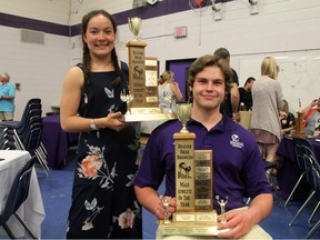 Midora Hoppe (left) and Wesley Penner were honoured as the Beaver Brae Secondary School female and male athletes of the year for 2018 at the May 24 Broncos athletic banquet. SHERI LAMB/Daily Miner and News/Postmedia Network