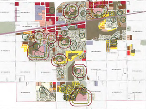 The above map outlines where cannabis retailers could be located under different spacial regulations, including 100-metre (yellow circles) and 200-metres (red circles).