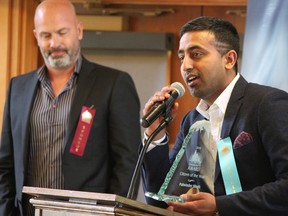 Palwinder Singh addresses the crowd after accepting Citizen of the Year at the Cochrane Community awards on Sunday, May 27.