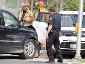 Firefighters and police respond to a two-vehicle crash at Pine Street and Second Line East that happened at about 3:40 p.m. on Wednesday. “At least” two people suffered non-life threatening injuries, said platoon chief George Bumbacco of Sault Ste. Marie Fire Services. The collision slowed traffic in the area.