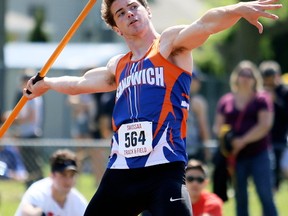 Blake McConville of the Sandwich Sabres prepares to throw during the senior boys' javelin at the SWOSSAA track and field championship at the Chatham-Kent Community Athletic Complex in Chatham, Ont., on Wednesday, May 23, 2018. He had a winning toss of 55.51 metres. Mark Malone/Chatham Daily News/Postmedia Network