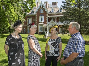 Grand River Grannies members Sue Dalton (left), Susan Butcher and Jennifer de Alwis chat with Steve Talos, owner of Yates Castle. A tea and tour of the historic house will take place Saturday, June 9, from 2 p.m. to 5 p.m., with donations going to the Grandmothers to Grandmothers Campaign, and the Stephen Lewis Foundation. (Brian Thompson/The Expositor)