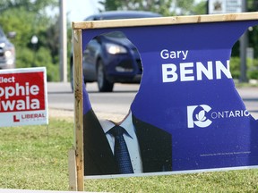 Sometime early Wednesday May 30 2018 vandals struck provincial election signs along Hwy. 15 in Kingston for the Kingston and the Islands Green Party candidate Robert Kiley and Progressive Conservative candidate Gary Bennett by cutting out their faces from the signs. Ian MacAlpine/The Whig-Standard